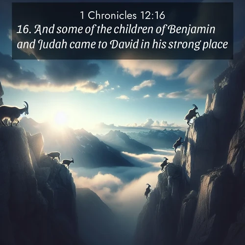 BBE 1 Chronicles 12:16 overlaying nature image scene: Mountain goats traverse sheer faces. Clouds part to reveal their path.;16. And some of the children of Benjamin and Judah came to David in his strong place.