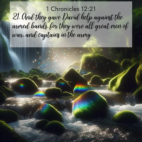 BBE 1 Chronicles 12:21 overlaying nature image scene: Rainbow prisms dance in a waterfall's spray. Moss glows emerald in filtered light.;21. And they gave David help against the armed bands, for they were all great men of war, and captains in the army.