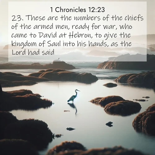 BBE 1 Chronicles 12:23 overlaying nature image scene: A great blue heron fishes in tidal pools. Waves crash on distant reefs.;23. These are the numbers of the chiefs of the armed men, ready for war, who came to David at Hebron, to give the kingdom of Saul into his hands, as the Lord had said.
