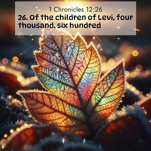 BBE 1 Chronicles 12:26 overlaying nature image scene: Frost crystals form intricate patterns on a fallen leaf. Morning sun transforms them into rainbow prisms.;26. Of the children of Levi, four thousand, six hundred.