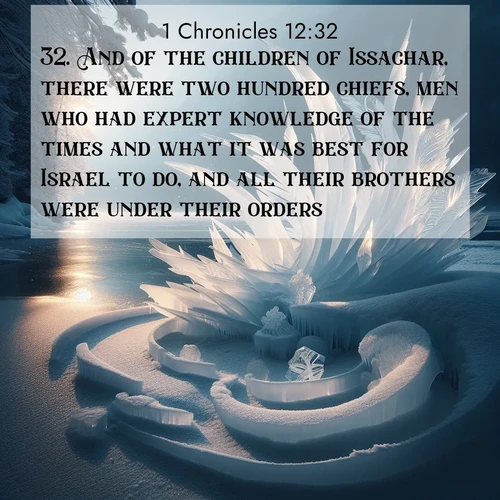 BBE 1 Chronicles 12:32 overlaying nature image scene: Winter ice forms abstract sculptures along a lake shore.;32. And of the children of Issachar, there were two hundred chiefs, men who had expert knowledge of the times and what it was best for Israel to do, and all their brothers were under their orders.