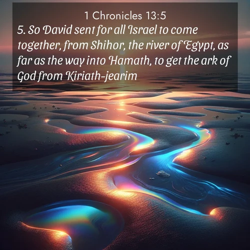 BasicEnglish 1 Chronicles  ; image nature: image with the bible verse :So David sent for all Israel to come together, from Shihor, the river of Egypt, as far as the way into Hamath, to get the ark of God from Kiriath-jearim. ; Browse an inspiring gallery of Bible verse images with nature photos, such as blooming gardens, golden deserts, and shaded forests. The chosen images capture the peaceful and joyful essence of God&#039;s creation, with vibrant colors and harmonious fonts. Share verses like KJV 1 Chronicles 13:5. Current verse is overlayed with the thematic nature scene : Tidal pools reflect sunset colors at low tide. ; 13:5