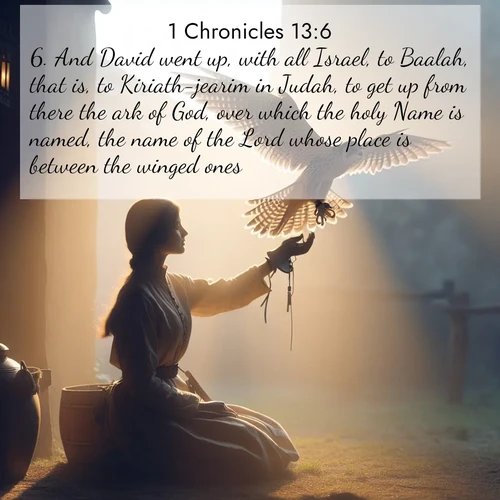 BasicEnglish 1 Chronicles  ; image nature: image with the bible verse :And David went up, with all Israel, to Baalah, that is, to Kiriath-jearim in Judah, to get up from there the ark of God, over which the holy Name is named, the name of the Lord whose place is between the winged ones. ; Explore Bible verse images beautifully illustrated with spring scenes, such as blooming meadows, trees in full bloom, and tranquil streams. These landscapes convey divine hope and vitality. Download and share verses like KJV 1 Chronicles 13:6. Current verse is overlayed with the thematic nature scene : A falconer releases his bird. Wind lifts magnificent wings. ; 13:6
