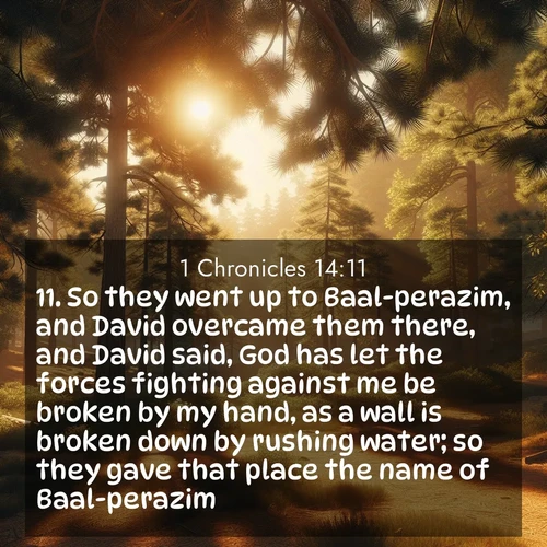 BasicEnglish 1 Chronicles  ; image nature: image with the bible verse :So they went up to Baal-perazim, and David overcame them there, and David said, God has let the forces fighting against me be broken by my hand, as a wall is broken down by rushing water; so they gave that place the name of Baal-perazim. ; Admire Bible verse images illustrated by desert scenes, such as sunsets over dunes, majestic rocks, and solitary cacti. These images capture the majesty of God in arid places. Download and share verses like KJV 1 Chronicles 14:11. Current verse is overlayed with the thematic nature scene : Summer heat brings out the scent of pine needles. ; 14:11