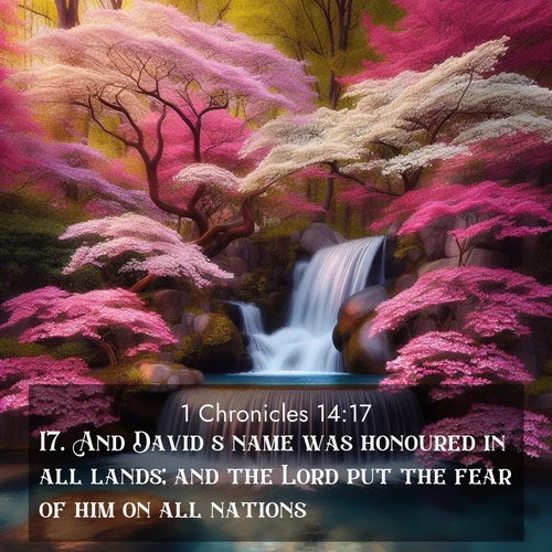 BasicEnglish 1 Chronicles  ; image nature: image with the bible verse :And David&#039;s name was honoured in all lands; and the Lord put the fear of him on all nations. ; Explore a rich collection of Bible verse images beautifully illustrated by natural landscapes, such as colorful skies, towering mountains, and tranquil rivers. The images highlight the serenity of God&#039;s creation with vivid tones and carefully chosen typography. Download and share inspiring verses like KJV 1 Chronicles 14:17. Current verse is overlayed with the thematic nature scene : A spring cascade plunges into a pool surrounded by flowering dogwood. ; 14:17