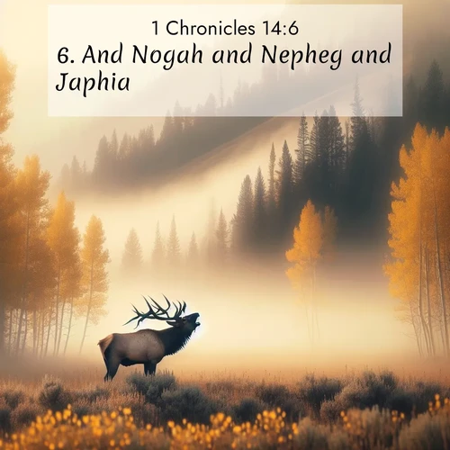 BasicEnglish 1 Chronicles  ; image nature: image with the bible verse :And Nogah and Nepheg and Japhia ; Discover a gallery of Bible verse images showcasing the beauty of autumn, with golden leaves, red forests, and peaceful fields bathed in soft light. These soothing scenes are perfect for accompanying inspiring verses like KJV 1 Chronicles 14:6. Current verse is overlayed with the thematic nature scene : A bull elk bugles across a misty valley. Aspen leaves quake golden in response. ; 14:6