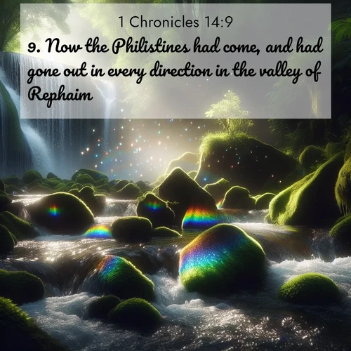 BasicEnglish 1 Chronicles  ; image nature: image with the bible verse :Now the Philistines had come, and had gone out in every direction in the valley of Rephaim. ; Admire stunning Bible verse images paired with photos of peaceful landscapes, such as foggy mornings, serene rivers, and blooming gardens. Download these free images and share verses like KJV 1 Chronicles 14:9. Current verse is overlayed with the thematic nature scene : Rainbow prisms dance in a waterfall&#039;s spray. Moss glows emerald in filtered light. ; 14:9