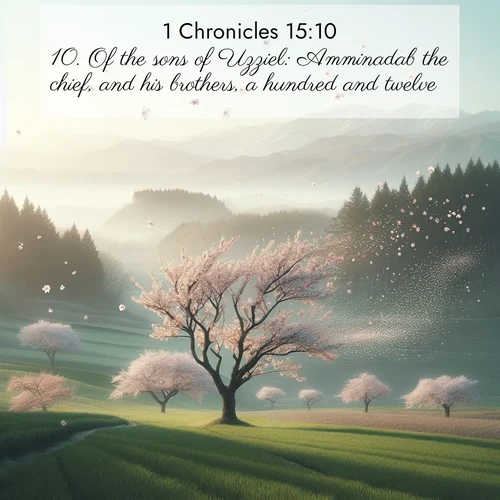 BasicEnglish 1 Chronicles  ; image nature: image with the bible verse :Of the sons of Uzziel: Amminadab the chief, and his brothers, a hundred and twelve. ; Admire Bible verse images featuring tranquil rivers, golden fields, and starry heavens. These free-to-download images make inspiring wallpapers or thoughtful gifts. Download KJV 1 Chronicles 15:10 now. Current verse is overlayed with the thematic nature scene : Spring winds scatter cherry blossoms like snow. ; 15:10