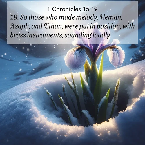 BasicEnglish 1 Chronicles  ; image nature: image with the bible verse :So those who made melody, Heman, Asaph, and Ethan, were put in position, with brass instruments, sounding loudly; ; Admire Bible verse images featuring tranquil rivers, golden fields, and starry heavens. These free-to-download images make inspiring wallpapers or thoughtful gifts. Download KJV 1 Chronicles 15:19 now. Current verse is overlayed with the thematic nature scene : Wild iris breaks through spring snow. Alpine light ignites petals. ; 15:19