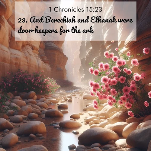 BasicEnglish 1 Chronicles  ; image nature: image with the bible verse :And Berechiah and Elkanah were door-keepers for the ark. ; Discover Bible images capturing the splendor of deserts, with golden dunes, vast skies, and peaceful oases. These landscapes highlight the grandeur and serenity of God&#039;s creation. Share verses like KJV 1 Chronicles 15:23. Current verse is overlayed with the thematic nature scene : Desert roses bloom in a hidden canyon after rare rainfall. Their pink petals contrast against weathered sandstone walls. ; 15:23