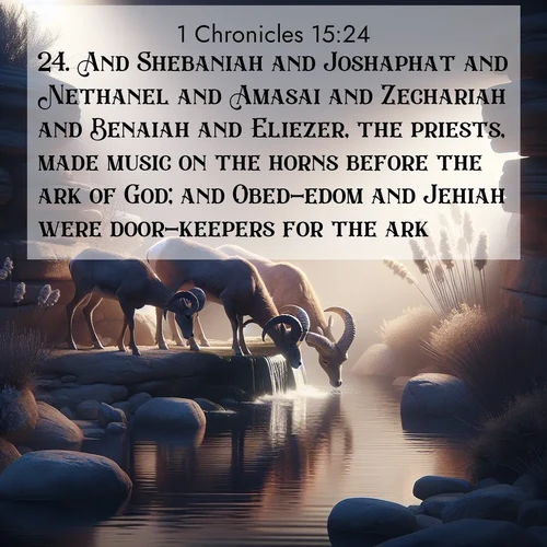 BasicEnglish 1 Chronicles  ; image nature: image with the bible verse :And Shebaniah and Joshaphat and Nethanel and Amasai and Zechariah and Benaiah and Eliezer, the priests, made music on the horns before the ark of God; and Obed-edom and Jehiah were door-keepers for the ark. ; Discover our unique collection of Bible verse images integrated with photos showcasing the majesty of nature, such as rocky mountains, ancient trees, and crystal-clear lakes. These images feature luminous colors and text in varied fonts, reflecting the harmony of God&#039;s creation. Download verses like KJV 1 Chronicles 15:24. Current verse is overlayed with the thematic nature scene : Desert bighorns drink from hidden springs. Time flows like water through stone. ; 15:24