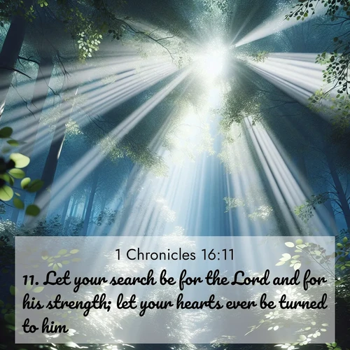 BasicEnglish 1 Chronicles  ; image nature: image with the bible verse :Let your search be for the Lord and for his strength; let your hearts ever be turned to him. ; Download high-resolution Bible verse images showcasing the beauty of God&#039;s creation—from radiant sunsets to tranquil rivers. Free for use as wallpapers or sharing verses like KJV 1 Chronicles 16:11. Current verse is overlayed with the thematic nature scene : Summer light filters through forest canopy like stained glass. ; 16:11