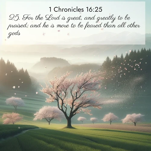 BasicEnglish 1 Chronicles  ; image nature: image with the bible verse :For the Lord is great, and greatly to be praised; and he is more to be feared than all other gods. ; Browse a gallery of Bible verses paired with summer scenes, such as golden wheat fields, bright skies, and sunny beaches. These images convey the joy and warmth of God&#039;s creation. Download and share verses like KJV 1 Chronicles 16:25. Current verse is overlayed with the thematic nature scene : Spring winds scatter cherry blossoms like snow. ; 16:25