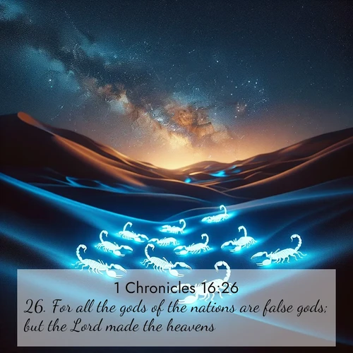 BasicEnglish 1 Chronicles  ; image nature: image with the bible verse :For all the gods of the nations are false gods; but the Lord made the heavens. ; Explore a collection of inspiring Bible verse images accompanied by winter photos, such as snowy landscapes, frosted trees, and frozen lakes. These images reflect the peace and purity of God&#039;s creation, with elegant fonts and luminous colors. Download and share verses like KJV 1 Chronicles 16:26. Current verse is overlayed with the thematic nature scene : Desert scorpions glow under black light. Stars wheel in infinite darkness. ; 16:26