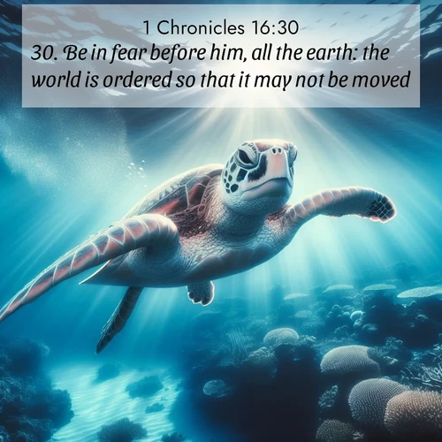 BasicEnglish 1 Chronicles  ; image nature: image with the bible verse :Be in fear before him, all the earth: the world is ordered so that it may not be moved. ; Discover a rich selection of Bible verse images illustrated by natural landscapes like tranquil beaches, golden fields, and majestic trees. These images aim to capture the peace and beauty of God&#039;s creation, with vibrant colors and varied typography. Download and share inspiring verses like KJV 1 Chronicles 16:30. Current verse is overlayed with the thematic nature scene : A sea turtle glides through underwater sunbeams. Coral gardens glow in the depths below. ; 16:30