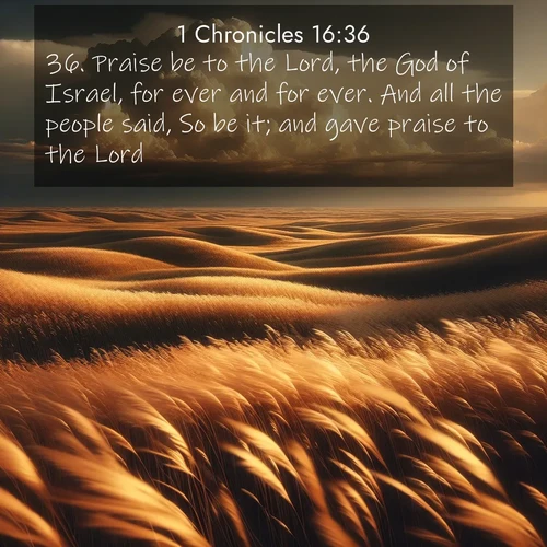 BasicEnglish 1 Chronicles  ; image nature: image with the bible verse :Praise be to the Lord, the God of Israel, for ever and for ever. And all the people said, So be it; and gave praise to the Lord. ; Explore free Bible verse images with stunning nature themes, including sunlit paths, forest clearings, and endless horizons. Perfect for desktop backgrounds or phone wallpapers. Verses include KJV 1 Chronicles 16:36. Current verse is overlayed with the thematic nature scene : Prairie grass waves like a golden ocean. Storm clouds build towers on the horizon. ; 16:36