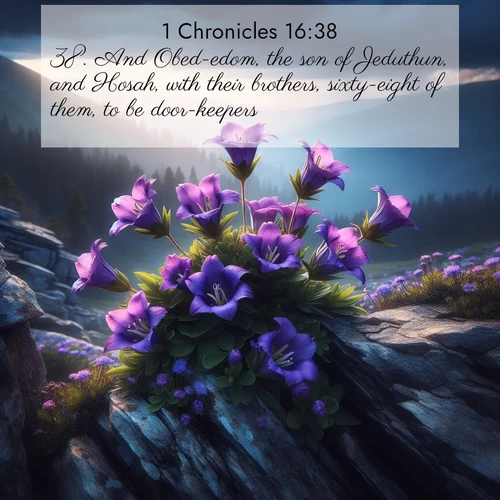 BasicEnglish 1 Chronicles  ; image nature: image with the bible verse :And Obed-edom, the son of Jeduthun, and Hosah, with their brothers, sixty-eight of them, to be door-keepers: ; Browse high-resolution Bible verse images featuring stunning nature photography, such as radiant sunsets, tranquil rivers, and blooming fields. Perfect for wallpapers or sharing on social media. Download KJV 1 Chronicles 16:38. Current verse is overlayed with the thematic nature scene : Wild gentians bloom in rocky cracks. Summer storms gather above treeline. ; 16:38