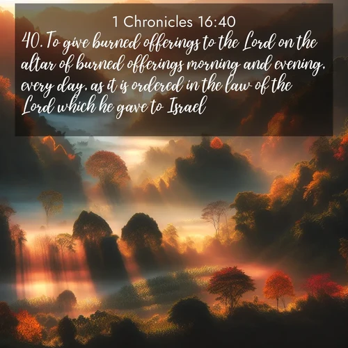 BasicEnglish 1 Chronicles  ; image nature: image with the bible verse :To give burned offerings to the Lord on the altar of burned offerings morning and evening, every day, as it is ordered in the law of the Lord which he gave to Israel; ; Discover a gallery of Bible verse images showcasing the beauty of autumn, with golden leaves, red forests, and peaceful fields bathed in soft light. These soothing scenes are perfect for accompanying inspiring verses like KJV 1 Chronicles 16:40. Current verse is overlayed with the thematic nature scene : Autumn mist rises from warming morning valleys. ; 16:40