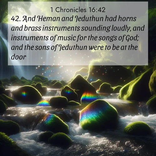 BasicEnglish 1 Chronicles  ; image nature: image with the bible verse :And Heman and Jeduthun had horns and brass instruments sounding loudly, and instruments of music for the songs of God; and the sons of Jeduthun were to be at the door. ; Admire Bible verse images capturing the beauty of beaches, with turquoise waters, palm trees, and peaceful shores. These soothing scenes reflect God&#039;s serenity and majesty. Download and share verses like KJV 1 Chronicles 16:42. Current verse is overlayed with the thematic nature scene : Rainbow prisms dance in a waterfall&#039;s spray. Moss glows emerald in filtered light. ; 16:42