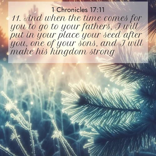BasicEnglish 1 Chronicles  ; image nature: image with the bible verse :And when the time comes for you to go to your fathers, I will put in your place your seed after you, one of your sons, and I will make his kingdom strong. ; Discover Bible verses beautifully integrated with natural scenes of varied seasons, featuring summer skies, winter snow, autumn leaves, and spring blooms. Each image captures the splendor and peace of God&#039;s creation. Share verses like KJV 1 Chronicles 17:11. Current verse is overlayed with the thematic nature scene : Morning frost rimes every needle. Weak sun struggles through branches. ; 17:11