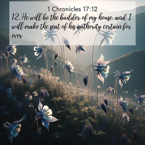 BasicEnglish 1 Chronicles  ; image nature: image with the bible verse :He will be the builder of my house, and I will make the seat of his authority certain for ever. ; Download inspiring Bible verse images featuring stunning natural vistas, from tropical islands to rolling hills. These free images make perfect wallpapers or gifts. Share verses like KJV 1 Chronicles 17:12. Current verse is overlayed with the thematic nature scene : Wild columbines dance on impossibly thin stems. Mountain breezes carry their perfume. ; 17:12