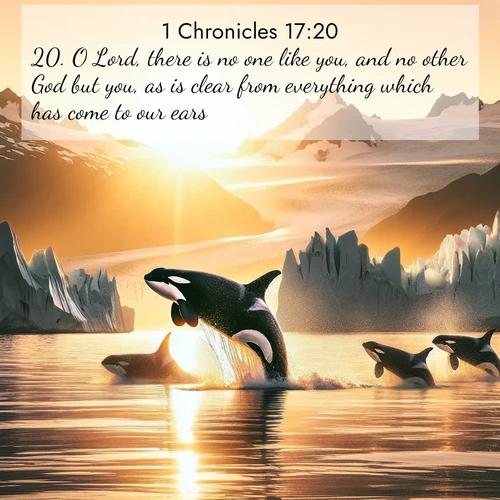 BasicEnglish 1 Chronicles  ; image nature: image with the bible verse :O Lord, there is no one like you, and no other God but you, as is clear from everything which has come to our ears. ; Explore a collection of inspiring Bible verse images accompanied by winter photos, such as snowy landscapes, frosted trees, and frozen lakes. These images reflect the peace and purity of God&#039;s creation, with elegant fonts and luminous colors. Download and share verses like KJV 1 Chronicles 17:20. Current verse is overlayed with the thematic nature scene : Wild orcas breach in sunset-painted waters. Their splashes echo off glacier walls. ; 17:20