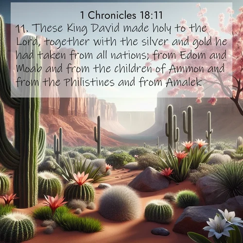 BasicEnglish 1 Chronicles  ; image nature: image with the bible verse :These King David made holy to the Lord, together with the silver and gold he had taken from all nations; from Edom and Moab and from the children of Ammon and from the Philistines and from Amalek. ; Admire our free collection of Bible verse images with beautiful landscapes like sunlit forests, rippling waters, and radiant dawns. Each verse, such as KJV 1 Chronicles 18:11, is ready to download and share. Current verse is overlayed with the thematic nature scene : Desert cacti burst with spring blooms against red sandstone formations. ; 18:11