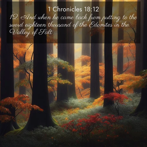 BasicEnglish 1 Chronicles  ; image nature: image with the bible verse :And when he came back from putting to the sword eighteen thousand of the Edomites in the Valley of Salt, ; Explore a unique collection of Bible verses illustrated by winter landscapes, such as snowy mountains, frosty forests, and starry skies. These images capture the peace and beauty of winter. Share verses like KJV 1 Chronicles 18:12. Current verse is overlayed with the thematic nature scene : Autumn rain darkens tree trunks in the forest. ; 18:12