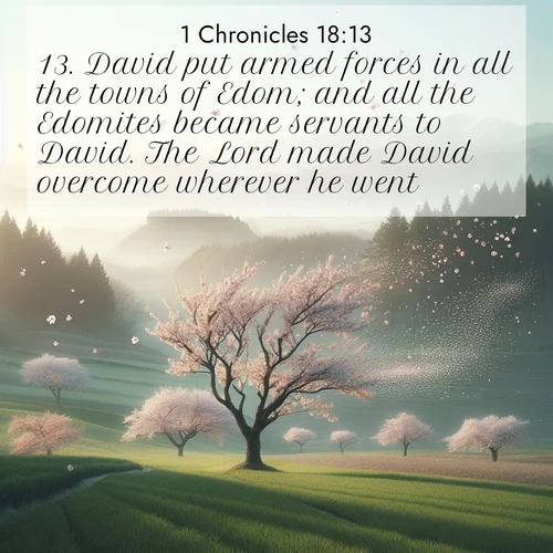 BasicEnglish 1 Chronicles  ; image nature: image with the bible verse :David put armed forces in all the towns of Edom; and all the Edomites became servants to David. The Lord made David overcome wherever he went. ; Discover a unique collection of Bible verses adorned with winter landscapes, such as snow-covered forests, gently falling snowflakes, and pristine mountains. These images evoke the peace and purity of God&#039;s creation. Share verses like KJV 1 Chronicles 18:13. Current verse is overlayed with the thematic nature scene : Spring winds scatter cherry blossoms like snow. ; 18:13