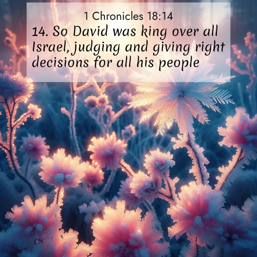 BasicEnglish 1 Chronicles  ; image nature: image with the bible verse :So David was king over all Israel, judging and giving right decisions for all his people. ; Admire Bible images representing autumn, with swirling leaves, misty skies, and vibrant trees. These images inspire profound spiritual reflection. Download and share verses like KJV 1 Chronicles 18:14. Current verse is overlayed with the thematic nature scene : Morning light reveals frost flowers. Rainbow crystals bloom on bare branches. ; 18:14