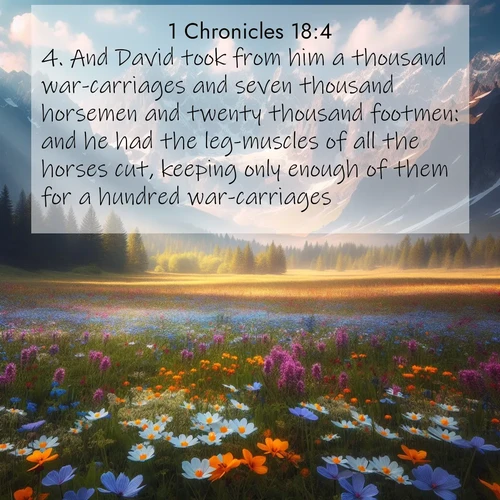 BasicEnglish 1 Chronicles  ; image nature: image with the bible verse :And David took from him a thousand war-carriages and seven thousand horsemen and twenty thousand footmen: and he had the leg-muscles of all the horses cut, keeping only enough of them for a hundred war-carriages. ; Admire Bible images representing autumn, with swirling leaves, misty skies, and vibrant trees. These images inspire profound spiritual reflection. Download and share verses like KJV 1 Chronicles 18:4. Current verse is overlayed with the thematic nature scene : Spring wildflowers carpet an alpine meadow beneath snow-capped peaks. ; 18:4
