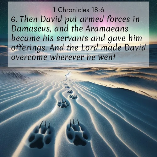 BasicEnglish 1 Chronicles  ; image nature: image with the bible verse :Then David put armed forces in Damascus, and the Aramaeans became his servants and gave him offerings. And the Lord made David overcome wherever he went. ; Explore beautiful Bible verse images paired with serene natural settings, such as calm seas, snowy paths, and verdant hills. Each image is free to download for your spiritual inspiration. Share KJV 1 Chronicles 18:6. Current verse is overlayed with the thematic nature scene : Arctic fox tracks cross windswept tundra. Northern lights pulse overhead in cosmic rhythm. ; 18:6
