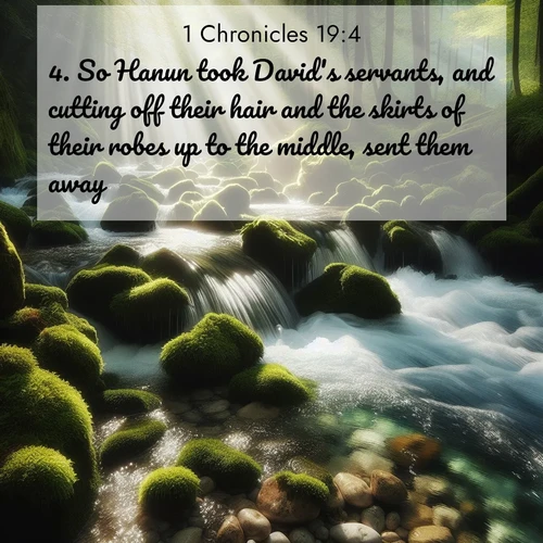 BasicEnglish 1 Chronicles  ; image nature: image with the bible verse :So Hanun took David&#039;s servants, and cutting off their hair and the skirts of their robes up to the middle, sent them away. ; Dive into our collection of Bible verse images combined with sublime nature photos, such as graceful waterfalls, radiant sunsets, and endless meadows. These compositions highlight the peace and harmony of God&#039;s creation with vivid colors and carefully integrated text. Download and share verses like KJV 1 Chronicles 19:4. Current verse is overlayed with the thematic nature scene : A mountain stream tumbles through moss-covered stones. Sunlight dapples the crystal-clear water. ; 19:4