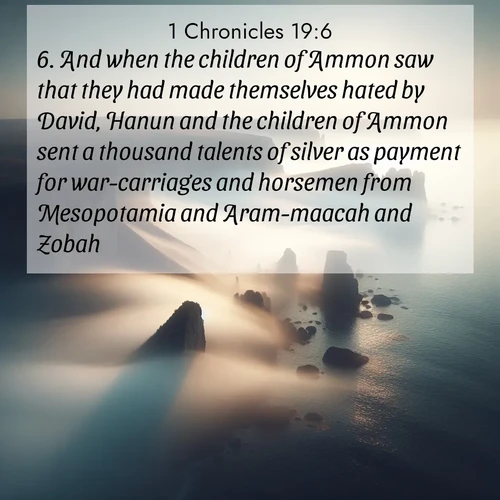 BasicEnglish 1 Chronicles  ; image nature: image with the bible verse :And when the children of Ammon saw that they had made themselves hated by David, Hanun and the children of Ammon sent a thousand talents of silver as payment for war-carriages and horsemen from Mesopotamia and Aram-maacah and Zobah. ; Explore a collection of inspiring Bible verse images accompanied by winter photos, such as snowy landscapes, frosted trees, and frozen lakes. These images reflect the peace and purity of God&#039;s creation, with elegant fonts and luminous colors. Download and share verses like KJV 1 Chronicles 19:6. Current verse is overlayed with the thematic nature scene : Coastal fog reveals and conceals seaside cliffs. ; 19:6