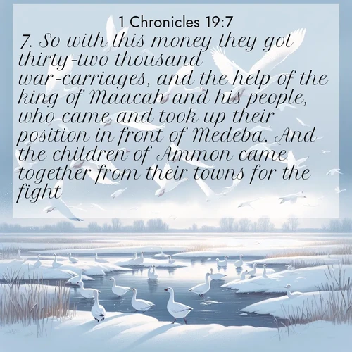 BasicEnglish 1 Chronicles  ; image nature: image with the bible verse :So with this money they got thirty-two thousand war-carriages, and the help of the king of Maacah and his people, who came and took up their position in front of Medeba. And the children of Ammon came together from their towns for the fight. ; Admire our gallery of Bible verse images paired with serene nature photography, featuring starlit skies, golden sands, and blooming wildflowers. Download and share verses like KJV 1 Chronicles 19:7. Current verse is overlayed with the thematic nature scene : Snow geese take flight from a winter marsh. Their wings flash white against leaden skies. ; 19:7