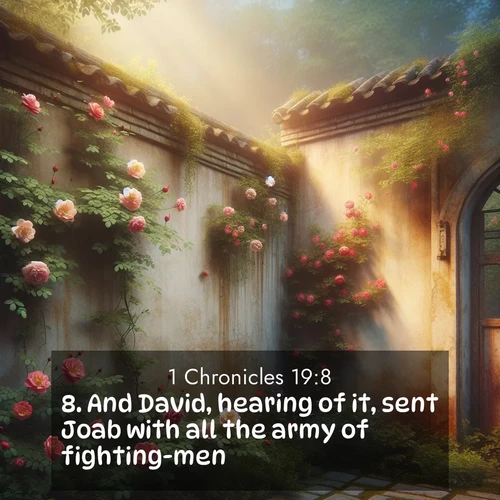 BasicEnglish 1 Chronicles  ; image nature: image with the bible verse :And David, hearing of it, sent Joab with all the army of fighting-men. ; Download stunning Bible verse images paired with nature scenes like rolling clouds, sparkling waters, and vibrant flower fields. These free images are perfect for spiritual reflection or wallpaper use. Share KJV 1 Chronicles 19:8. Current verse is overlayed with the thematic nature scene : Wild roses climb abandoned walls. Time stands still in secret gardens. ; 19:8