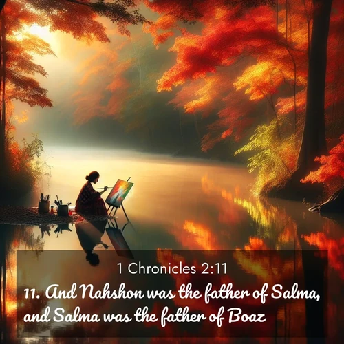 BBE 1 Chronicles 2:11 overlaying nature image scene: An artist paints beside still waters. Autumn colors double in reflection.;11. And Nahshon was the father of Salma, and Salma was the father of Boaz,