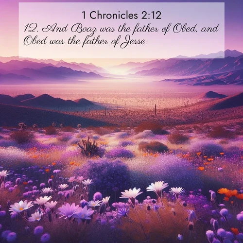 BBE 1 Chronicles 2:12 overlaying nature image scene: Desert wildflowers carpet Death Valley after winter rains. Mountains fade to purple on the horizon.;12. And Boaz was the father of Obed, and Obed was the father of Jesse,