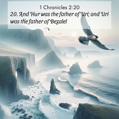 BBE 1 Chronicles 2:20 overlaying nature image scene: A peregrine falcon rides thermal currents above coastal cliffs. Waves crash endlessly against the rocks below.;20. And Hur was the father of Uri; and Uri was the father of Bezalel.