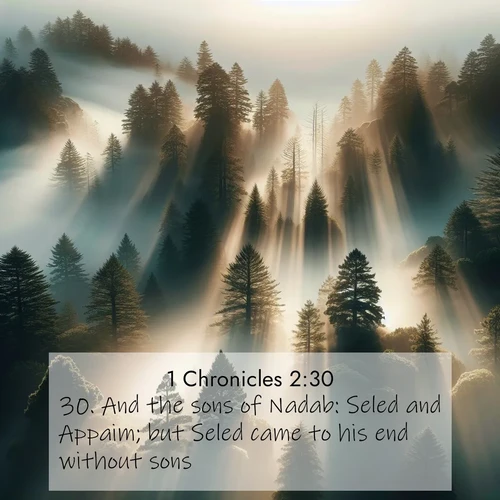 BBE 1 Chronicles 2:30 overlaying nature image scene: Coastal redwoods disappear into fog. Filtered sunlight creates divine rays.;30. And the sons of Nadab: Seled and Appaim; but Seled came to his end without sons.