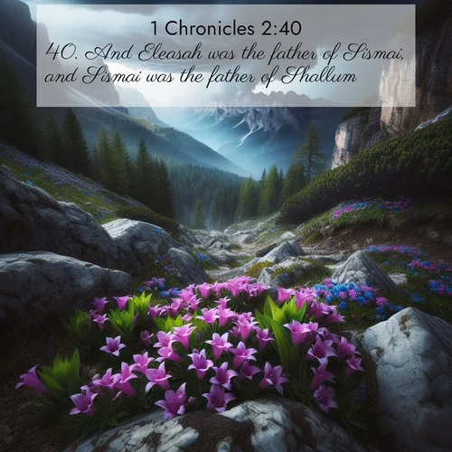BBE 1 Chronicles 2:40 overlaying nature image scene: Alpine gentians bloom in rocky crevices. Summer storms gather above treeline.;40. And Eleasah was the father of Sismai, and Sismai was the father of Shallum,