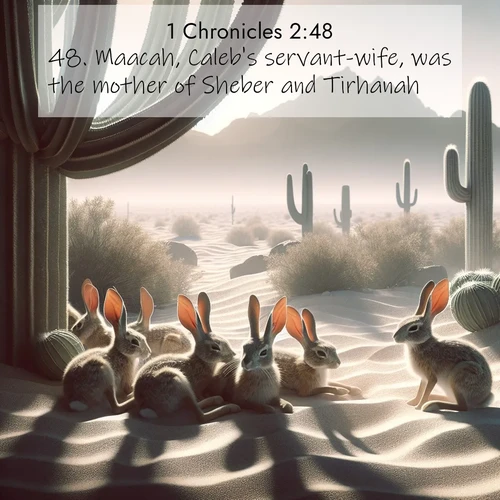 BBE 1 Chronicles 2:48 overlaying nature image scene: Desert jackrabbits rest in cactus shade. Heat waves distort distant peaks.;48. Maacah, Caleb's servant-wife, was the mother of Sheber and Tirhanah,