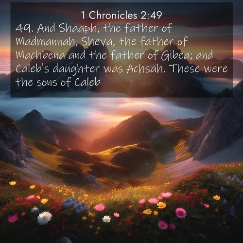 BBE 1 Chronicles 2:49 overlaying nature image scene: Jagged peaks pierce through low-hanging clouds at sunrise. Alpine flowers dot the meadow below with splashes of color.;49. And Shaaph, the father of Madmannah, Sheva, the father of Machbena and the father of Gibea; and Caleb's daughter was Achsah. These were the sons of Caleb.