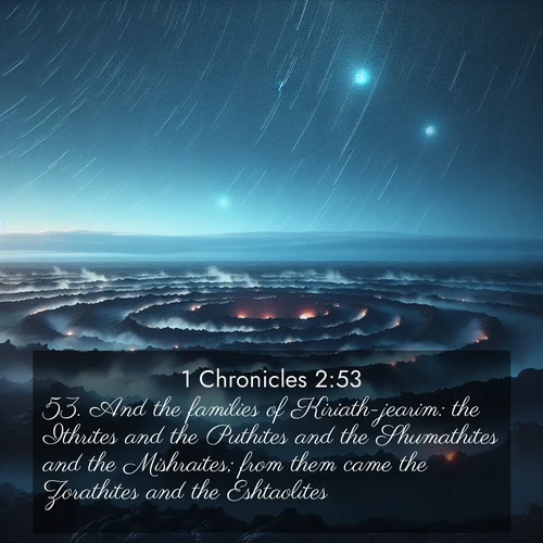 BBE 1 Chronicles 2:53 overlaying nature image scene: Volcanic steam rises through a field of black lava. Stars wheel overhead in the thin air.;53. And the families of Kiriath-jearim: the Ithrites and the Puthites and the Shumathites and the Mishraites; from them came the Zorathites and the Eshtaolites.