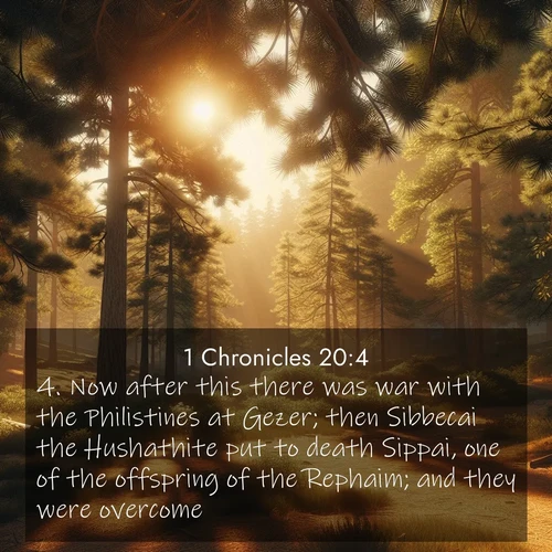 BasicEnglish 1 Chronicles  ; image nature: image with the bible verse :Now after this there was war with the Philistines at Gezer; then Sibbecai the Hushathite put to death Sippai, one of the offspring of the Rephaim; and they were overcome. ; Explore winter-themed Bible verse images illustrated by snowy mountains, frost-covered branches, and clear skies. These landscapes reflect divine purity and peace. Download verses like KJV 1 Chronicles 20:4. Current verse is overlayed with the thematic nature scene : Summer heat brings out the scent of pine needles. ; 20:4