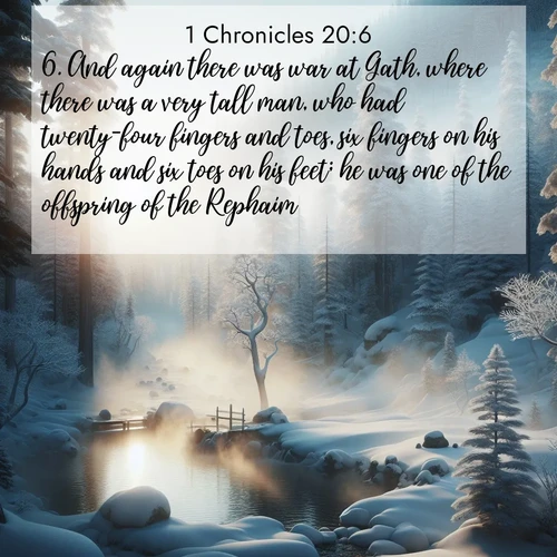BasicEnglish 1 Chronicles  ; image nature: image with the bible verse :And again there was war at Gath, where there was a very tall man, who had twenty-four fingers and toes, six fingers on his hands and six toes on his feet; he was one of the offspring of the Rephaim. ; Browse our selection of stunning Bible verse images featuring unique natural scenes like fiery autumn forests, serene meadows, and starlit skies. Download and share verses like KJV 1 Chronicles 20:6 for free. Current verse is overlayed with the thematic nature scene : Morning mist rises from a hot spring in a snow-covered forest. ; 20:6