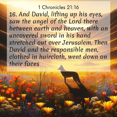 BasicEnglish 1 Chronicles  ; image nature: image with the bible verse :And David, lifting up his eyes, saw the angel of the Lord there between earth and heaven, with an uncovered sword in his hand stretched out over Jerusalem. Then David and the responsible men, clothed in haircloth, went down on their faces. ; Explore winter-themed Bible verse images illustrated by snowy mountains, frost-covered branches, and clear skies. These landscapes reflect divine purity and peace. Download verses like KJV 1 Chronicles 21:16. Current verse is overlayed with the thematic nature scene : Spring wildflowers carpet Death Valley in gold. A coyote&#039;s silhouette melts into the blooms. ; 21:16