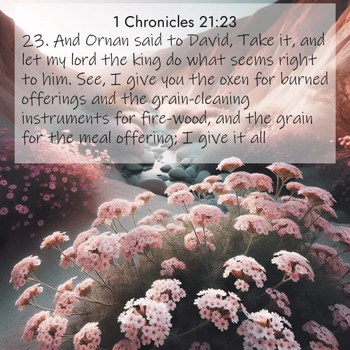 BasicEnglish 1 Chronicles  ; image nature: image with the bible verse :And Ornan said to David, Take it, and let my lord the king do what seems right to him. See, I give you the oxen for burned offerings and the grain-cleaning instruments for fire-wood, and the grain for the meal offering; I give it all. ; Dive into our collection of Bible verses paired with breathtaking desert landscapes, featuring infinite dunes, shaded oases, and desert sunsets. These images highlight the majestic grandeur of God&#039;s creation. Download and share verses like KJV 1 Chronicles 21:23. Current verse is overlayed with the thematic nature scene : Desert verbena blooms in hidden washes. Flash floods carved these secret gardens. ; 21:23