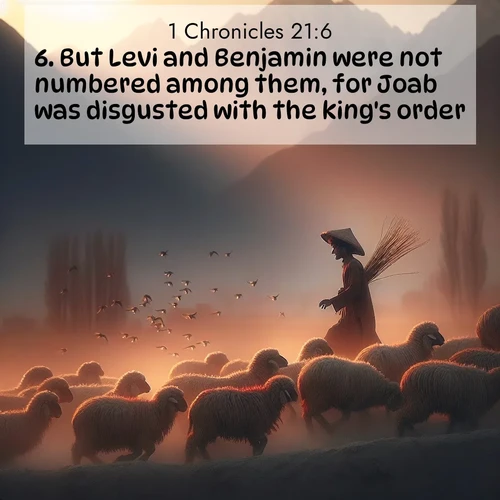 BasicEnglish 1 Chronicles  ; image nature: image with the bible verse :But Levi and Benjamin were not numbered among them, for Joab was disgusted with the king&#039;s order. ; Admire Bible verse images capturing the beauty of beaches, with turquoise waters, palm trees, and peaceful shores. These soothing scenes reflect God&#039;s serenity and majesty. Download and share verses like KJV 1 Chronicles 21:6. Current verse is overlayed with the thematic nature scene : A shepherd guides his flock home. Sunset paints wool golden red. ; 21:6