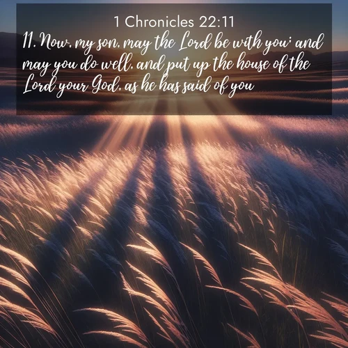 BasicEnglish 1 Chronicles  ; image nature: image with the bible verse :Now, my son, may the Lord be with you; and may you do well, and put up the house of the Lord your God, as he has said of you. ; Discover breathtaking Bible verse images combined with vibrant landscapes like rolling hills, blooming gardens, and starry nights. Use them as wallpapers or to inspire others. Download verses like KJV 1 Chronicles 22:11. Current verse is overlayed with the thematic nature scene : Summer breeze ripples through fields of prairie grass. ; 22:11